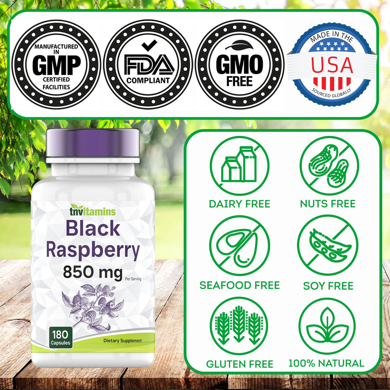 TNVitamins Black Raspberry Capsules 850mg - 180 Capsules (Pack of 2) | 3 Month Supply | Powerful Antioxidant
