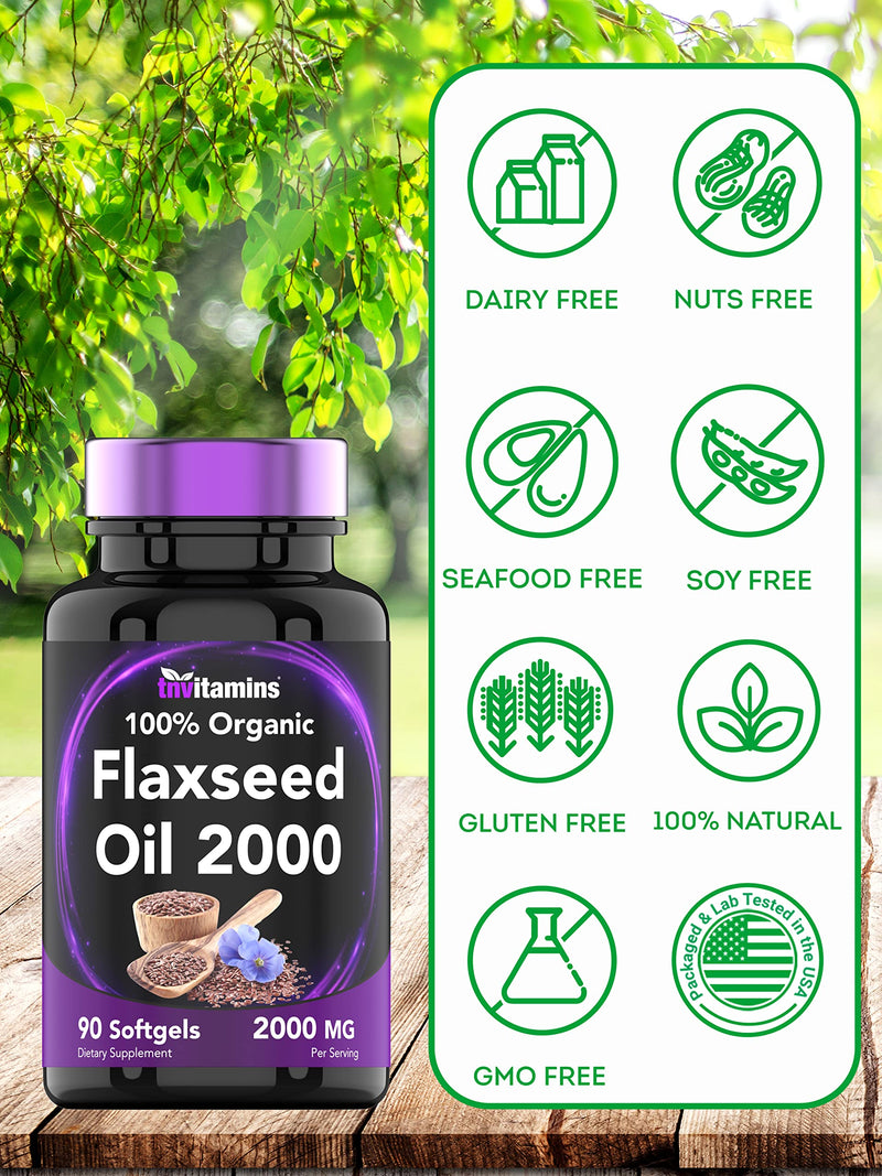tnvitamins Organic Flaxseed Oil Softgels 2000 mg | 90 Softgels | Omega-3 | Non-GMO (Pack of 2)