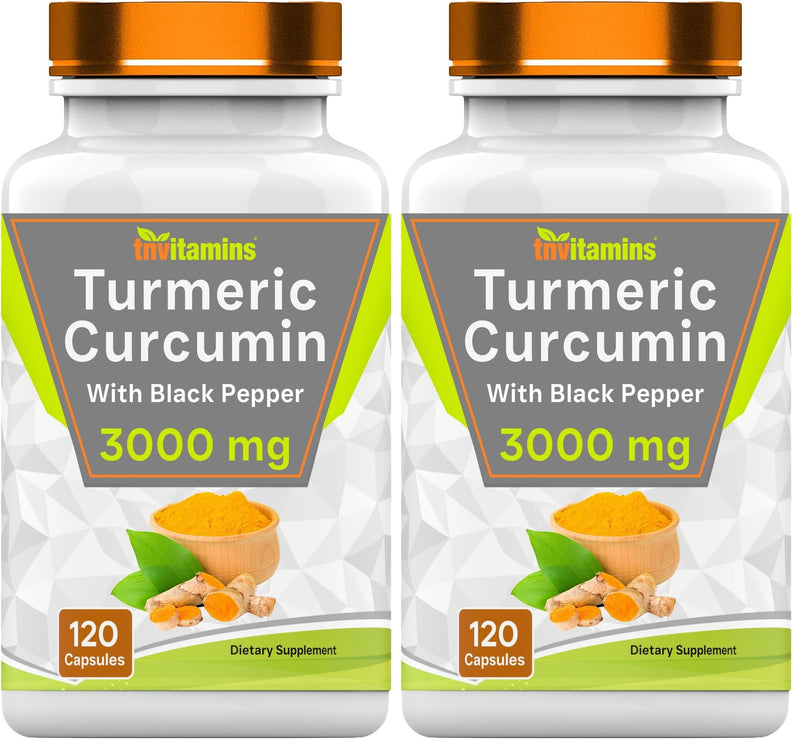 TNVitamins Turmeric Curcumin Capsules with Black Pepper - 3000 mg | 120 Capsules | Extra Strength | Non-GMO | Made in USA (Pack of 2)