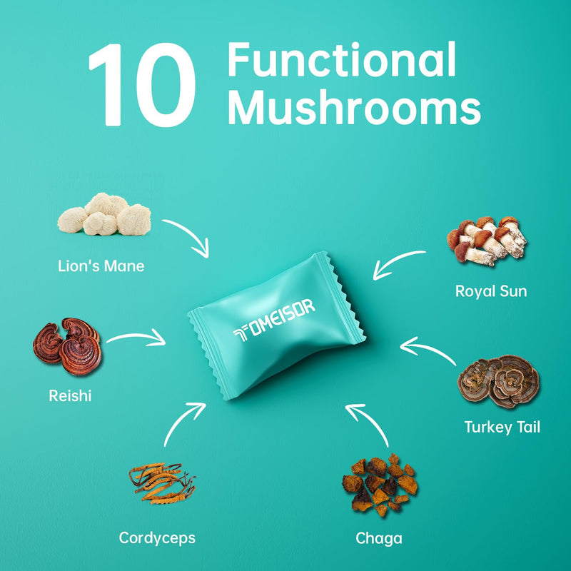 TOMEISOR Mushroom Gummies for Adults – Lions Mane & 10-Mushroom Brain Health | 60 Gummies