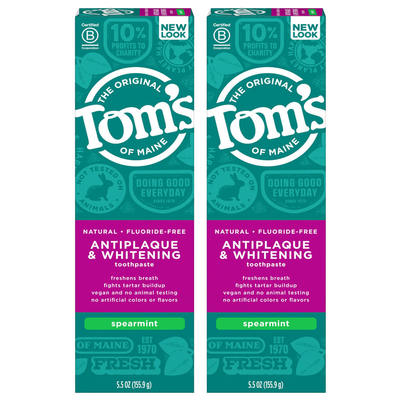 Tom's of Maine Fluoride-Free Antiplaque & Whitening Toothpaste – Spearmint, 5.5 oz (Pack of 2)
