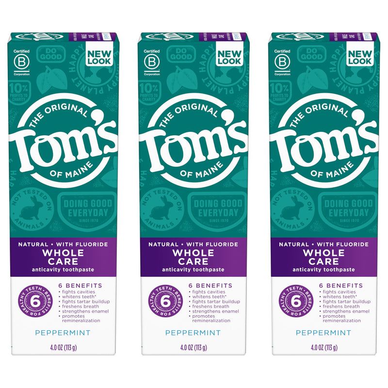 Tom's of Maine Whole Care Natural Fluoride Toothpaste – Peppermint, 4 oz, 3-Pack (Packaging May Vary)