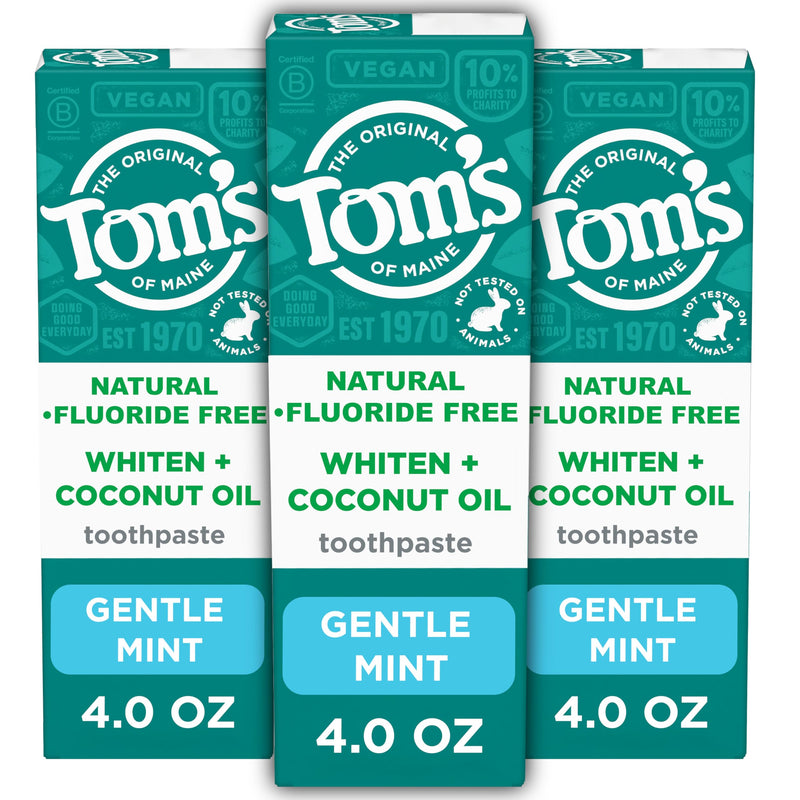 Tom’s of Maine Whiten Plus Coconut Oil Fluoride Free Toothpaste — Natural Whitening, Enamel Safe, Vegan, Gentle Mint, 4.0 Oz (Pack of 3)