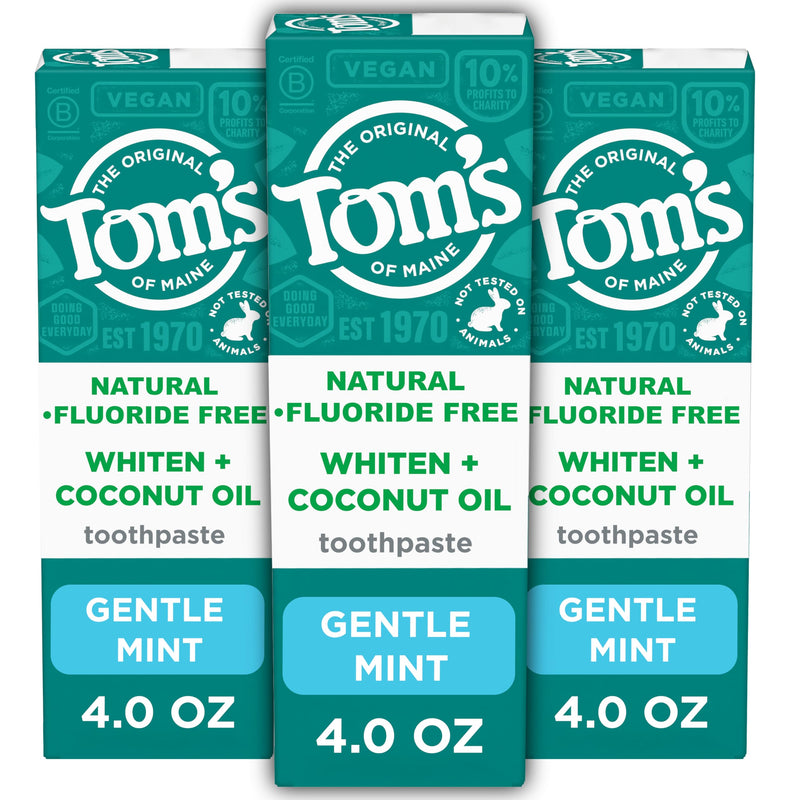 Tom’s of Maine Whiten Plus Coconut Oil Fluoride Free Toothpaste — Natural Whitening, Enamel Safe, Vegan, Gentle Mint, 4.0 Oz (Pack of 3)