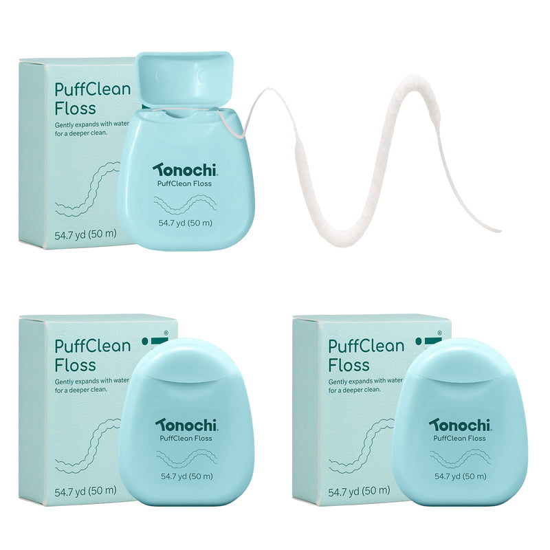 Tonochi PuffClean Expanding Dental Floss — Beeswax Coating, Mint + Xylitol, 3-Pack (55 yd each)