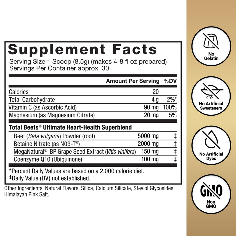 Total Beets Ultimate Heart Health - Blood Pressure Support with CoQ10, Beet Root Powder and Grape Seed Extract | 30 Servings