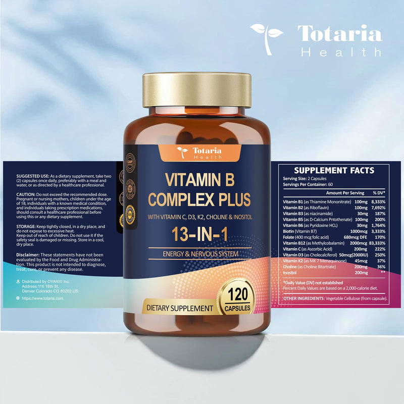 Totaria 13-in-1 Vitamin B Complex Plus – 2 Bottles (240 Caps) | Energy, Nerve & Immune Support
