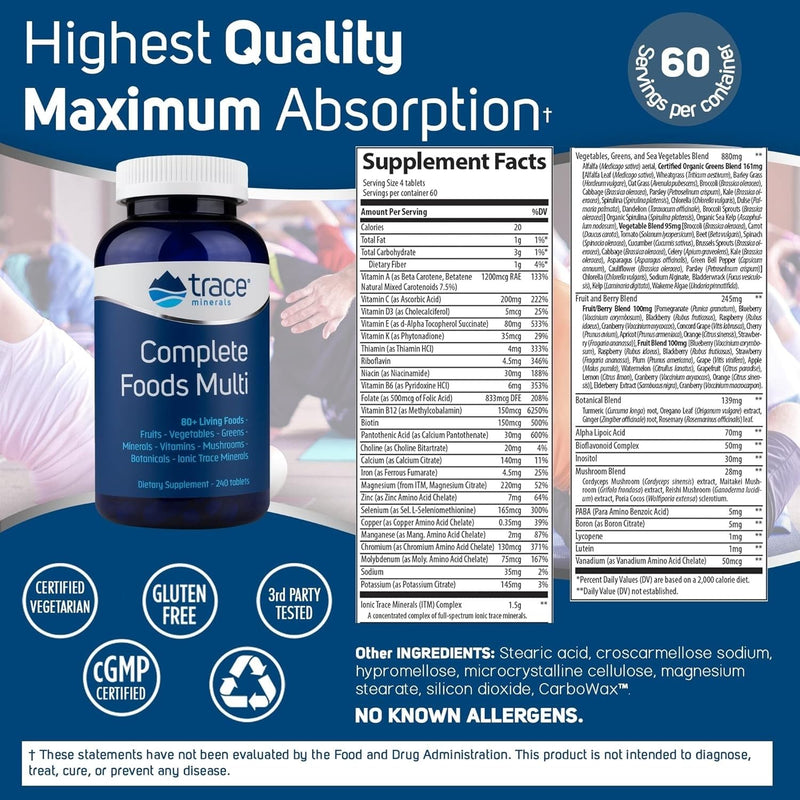 Trace Minerals Complete Foods Multi – Daily Multivitamin with Ionic Trace Minerals (240 Tabs)