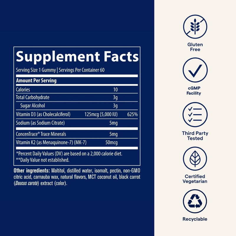 Trace Minerals D3 + K2 Gummies – Vegan, Gluten-Free, Strawberry, 60 Servings