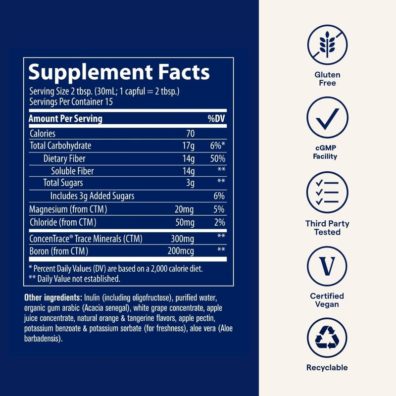 Trace Minerals Fiber 14g - Digestive Health & Colon Support | Gluten-Free, Vegan, Orange Tangerine Flavor | 15 fl oz
