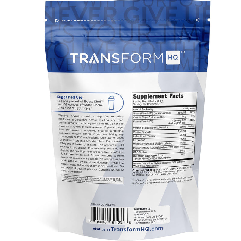 TransformHQ Boost Shot Powder Packets – Blue Raspberry, 7-Pack for Energy