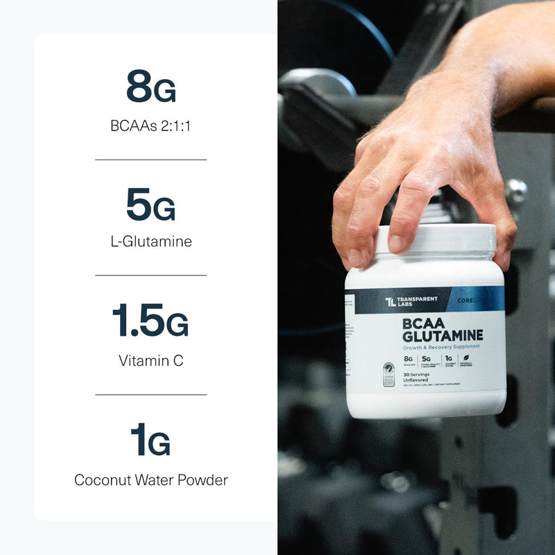 Transparent Labs BCAA Glutamine — 8000 Mg BCAA Powder with L Glutamine, Tropical Punch, 30 Servings