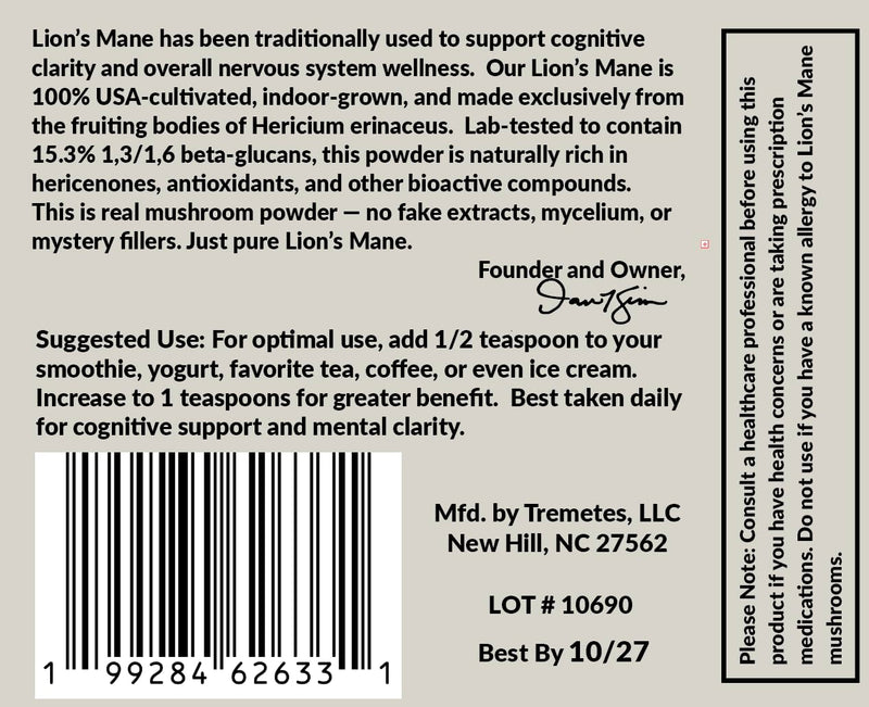 Tremetes Lion’s Mane Mushroom Powder – Lab Verified 15.3% Beta-Glucans | Focus