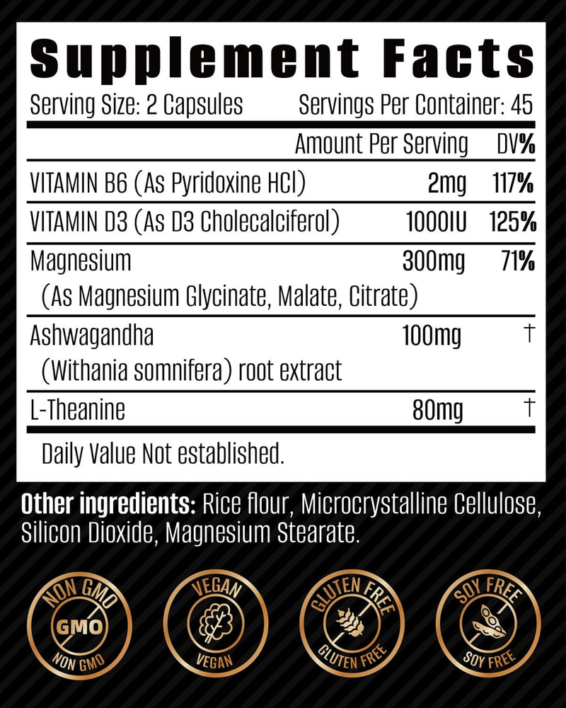 Triple Magnesium Complex 500mg – 7-in-1 Magnesium Supplement with Glycinate, Malate & Citrate | Ashwagandha & L-Theanine | Vegan | Non-GMO | 90 Capsules