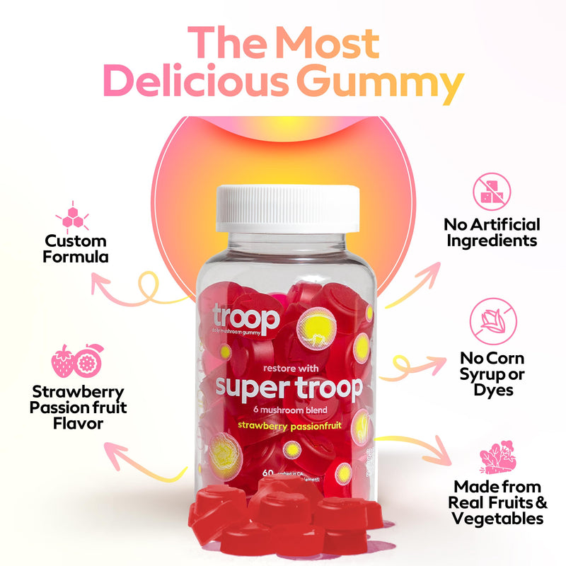 Troop Super 6 Mushroom Gummies – Immune Support, Energy & Mood (60 Count) – Vegan