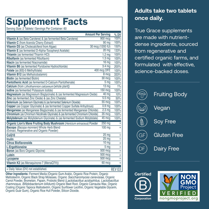 True Grace Daily Men’s Multivitamin 50+ – 60 Servings (120 Tablets) | Immune, Energy, Longevity & Memory Support