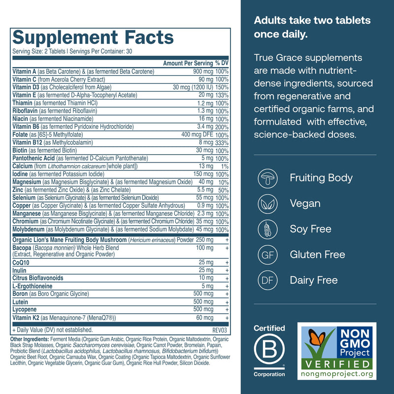 True Grace Daily Men’s Multivitamin 50+ | 60 Easy-to-Swallow Tablets | Immune, Energy, Longevity & Memory Support | Gluten Free, Soy Free, Vegan | 30 Servings