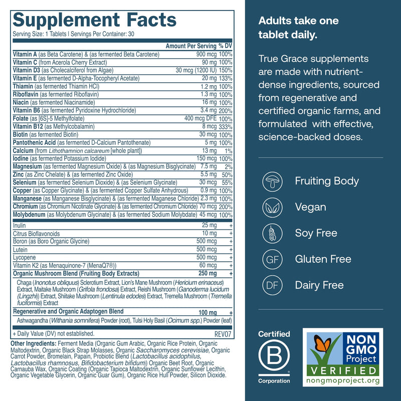True Grace Men's 40+ Multivitamin – Fermented Minerals, Organic Adaptogens & Mushrooms