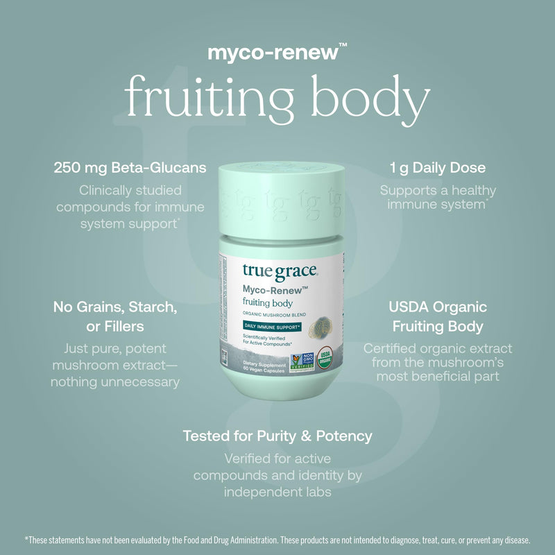 True Grace Mushroom Myco-Renew Blend - Organic Immune Support, 60 Count Capsules