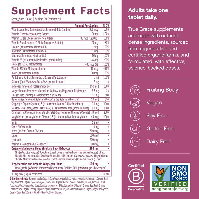 True Grace One Daily 40+ Multivitamin with Fermented Minerals, Organic Adaptogens & Mushrooms - Non-GMO, Gluten & Soy Free, 90 Vegan Tablets