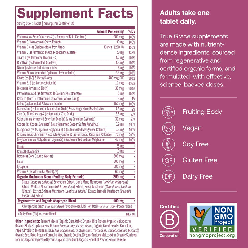 True Grace One Daily Women's Multivitamin 40+ - Fermented Minerals, Organic Adaptogens & Mushrooms