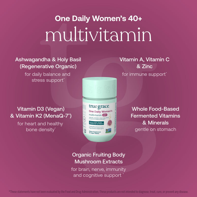 True Grace One Daily Women's Multivitamin 40+ - Fermented Minerals, Organic Adaptogens & Mushrooms