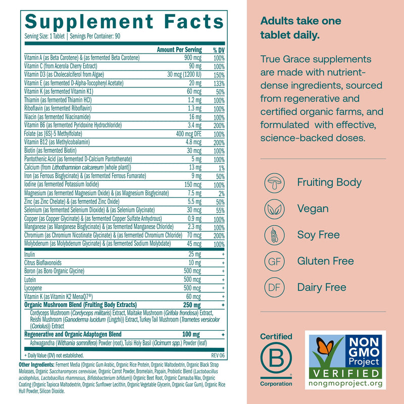 True Grace One Daily Women’s Multivitamin with Fermented Minerals, Organic Adaptogens & Mushroom Blend – 90 Vegan Tablets
