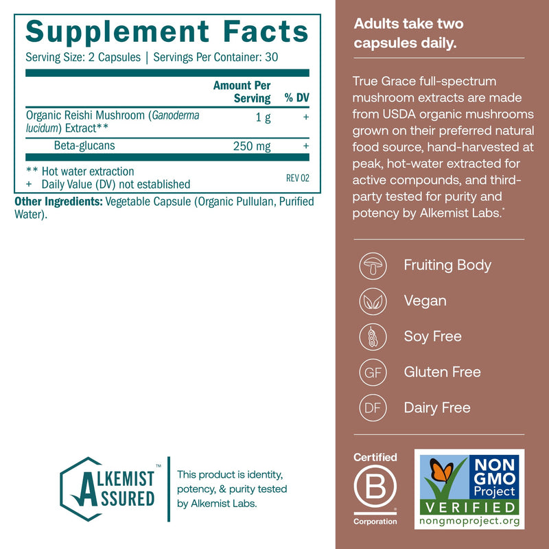True Grace Mushroom Reishi Daily Balance & Longevity - 60 Count Capsules - Organic