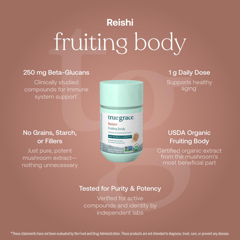 True Grace Mushroom Reishi Daily Balance & Longevity - 60 Count Capsules - Organic