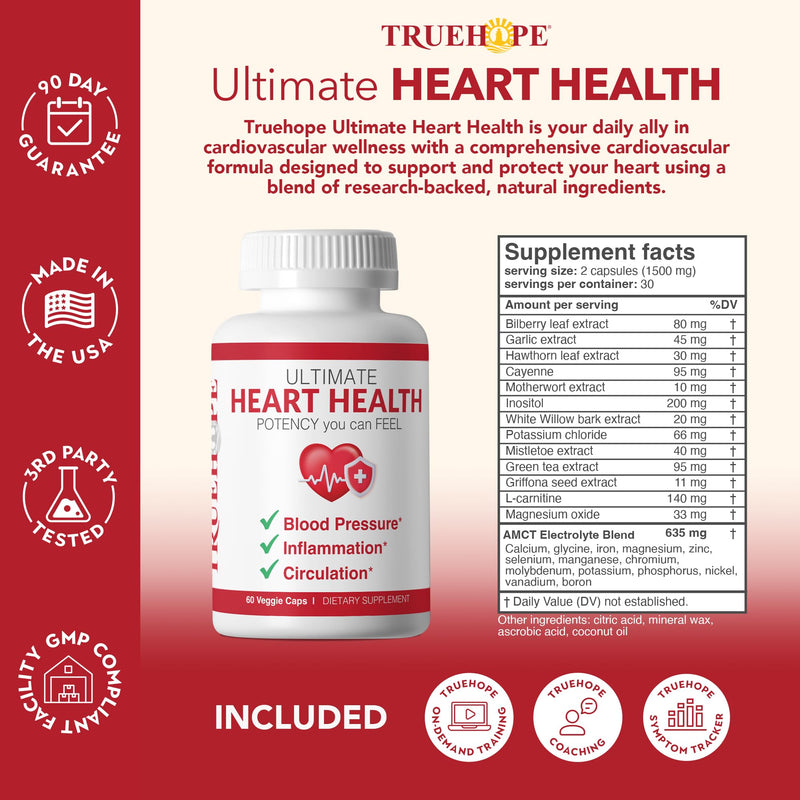 Truehope 27-in-1 Ultimate Heart Health Supplement | Blood Pressure, Circulation, Heart Function Support | Potency You Can Feel Day 1 | Hawthorn, Motherwort, Inositol, Mistletoe | + Advanced Chelation