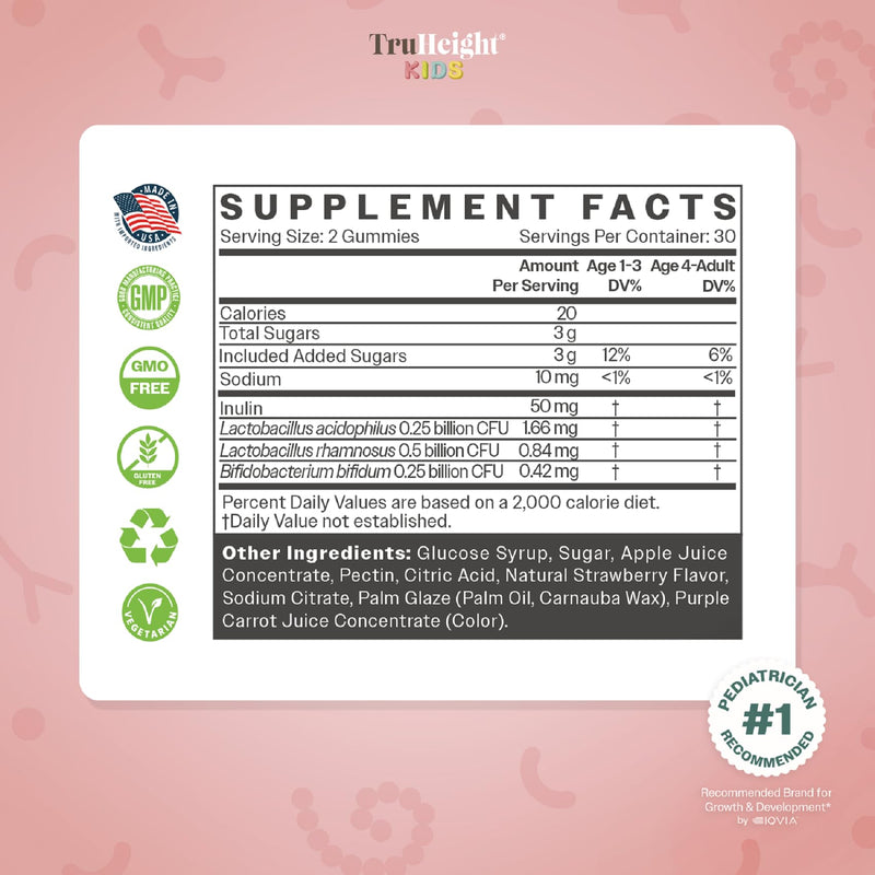 TruHeight Kids Prebiotic & Probiotic Gummies - Strawberry Flavor 2+