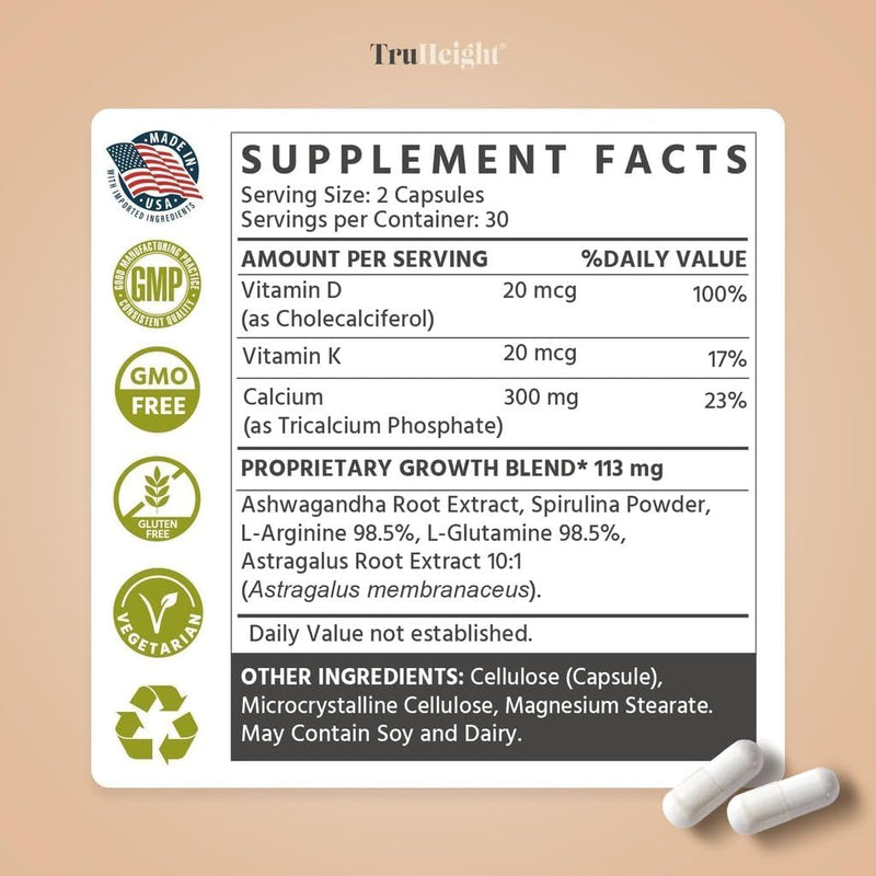 TruHeight Growth Capsules for Kids & Teens | Natural Bone Support with D3, K2 & Ashwagandha