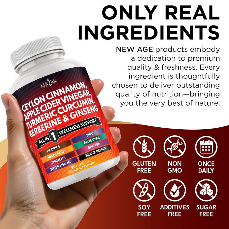 Ceylon Cinnamon Turmeric Apple Cider Vinegar Ginseng Aloe Vera Berberine Banaba Ginger Root - 120 Count