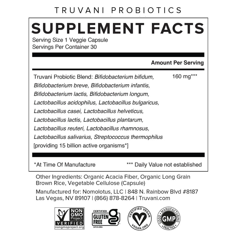 Truvani Probiotic Supplement | 30 Servings, 15B CFU | Vegan, Non-GMO