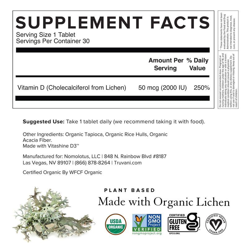 Truvani Organic Vitamin D3 - Plant-Based, USDA Organic, Gluten-Free (30 Tablets)