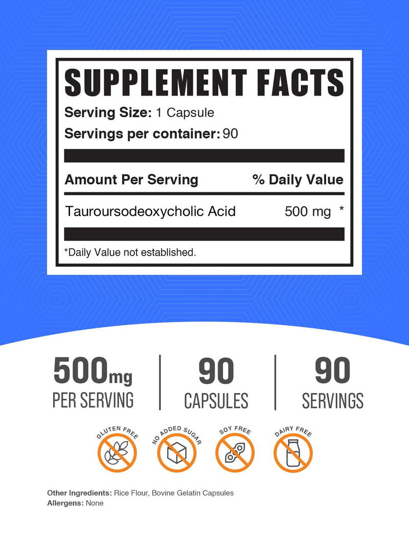 BulkSupplements TUDCA Capsules - Tauroursodeoxycholic Acid 500mg | Gluten Free | 90 Capsules