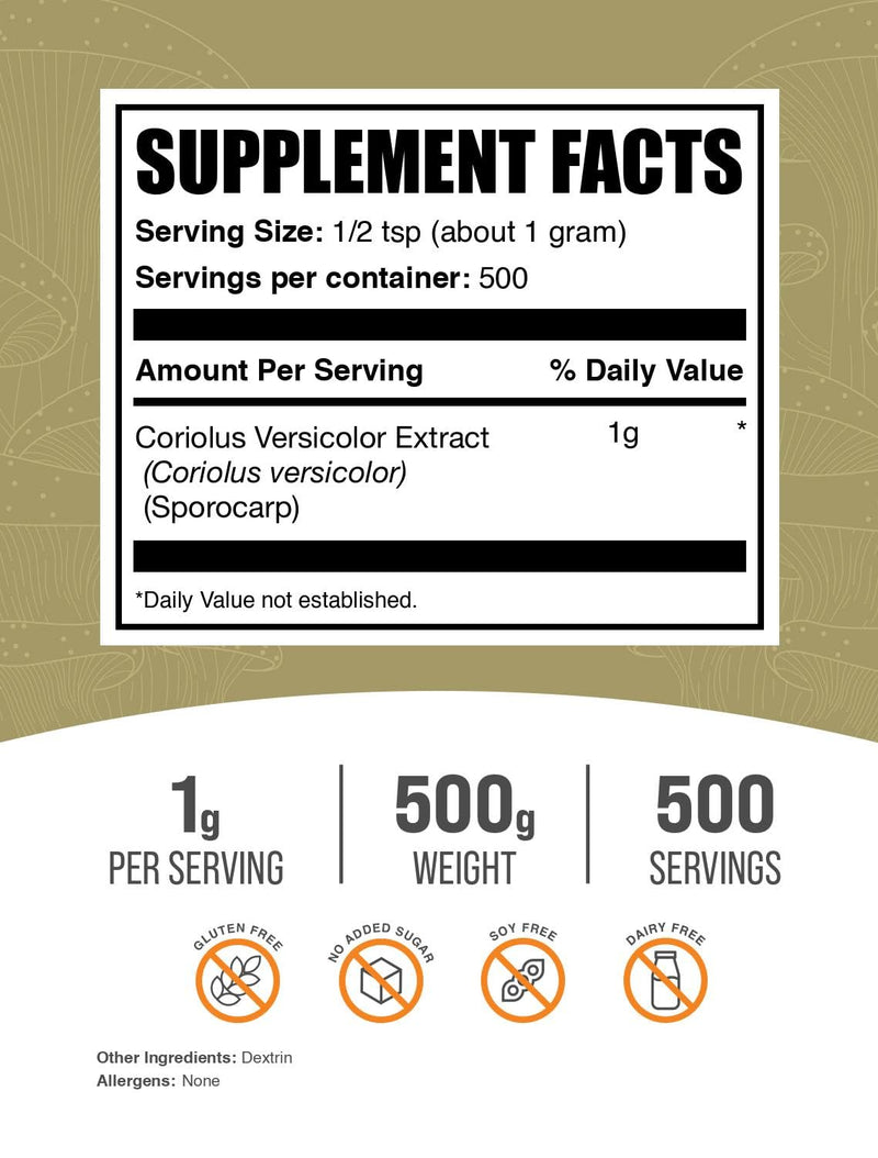 Turkey Tail Mushroom Extract Powder - Coriolus Versicolor | 1g/Serving, 500g | BulkSupplements