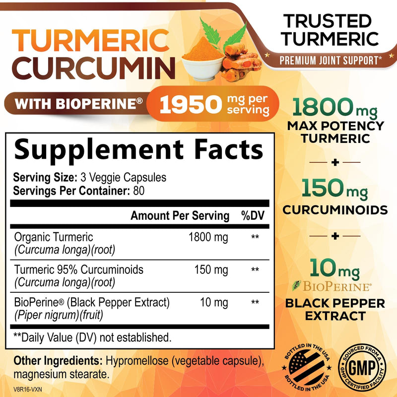 Turmeric Curcumin 1950mg with Bioperine – 95% Curcuminoids, 240 Vegan Capsules, Made in USA