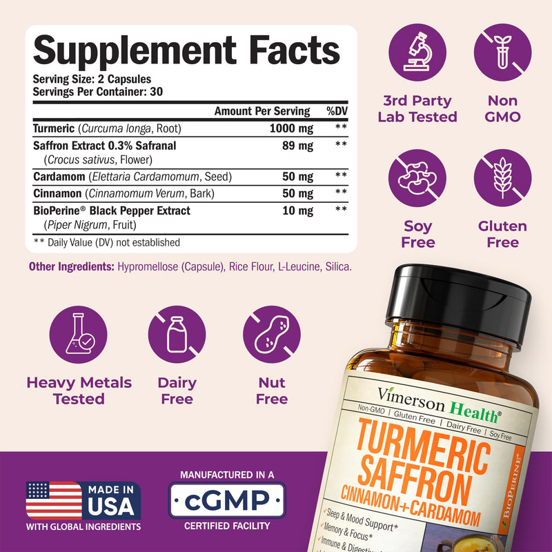 Vimerson Health Saffron Supplements (89 mg) – Turmeric Curcumin with Cinnamon, Cardamom, Eye Health & Mood – 2 Pack