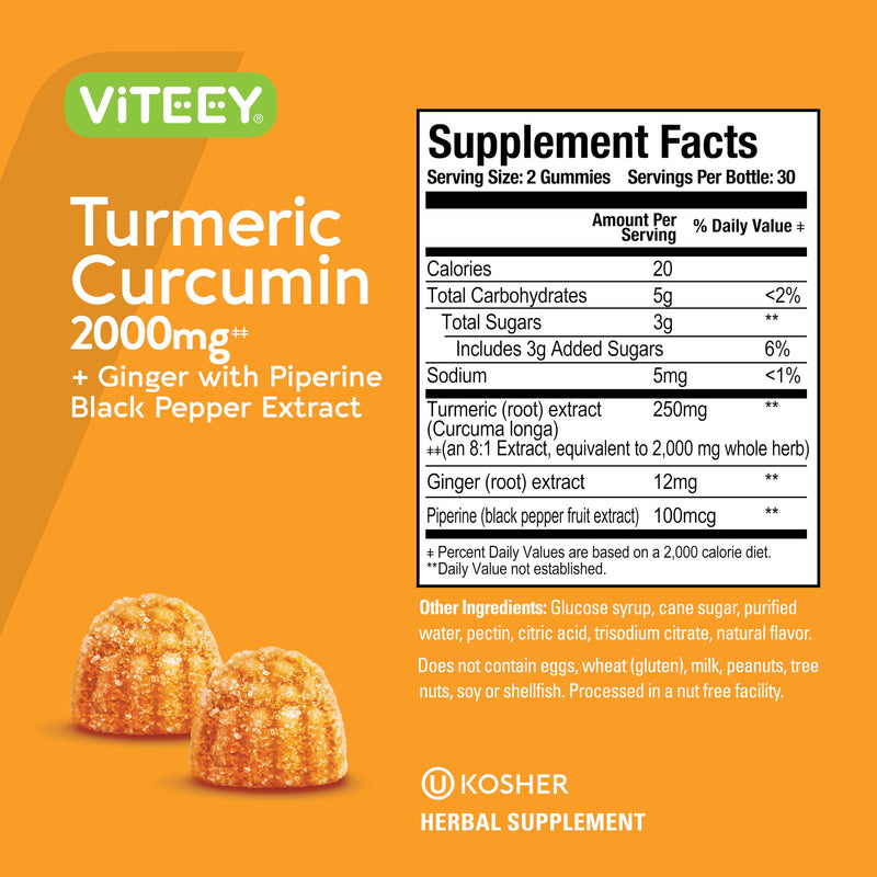 Turmeric Curcumin Gummies 2000mg with Ginger & Black Pepper – Immune & Joint Support (Vegan, Peach) – 2 Pack