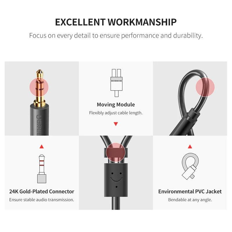UGREEN RCA Cable 2RCA Female to 3.5mm Male Adapter Phono Stereo Audio Cable - 20cm