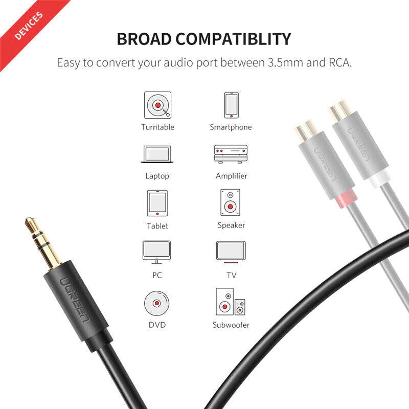 UGREEN RCA Cable 2RCA Female to 3.5mm Male Adapter Phono Stereo Audio Cable - 20cm