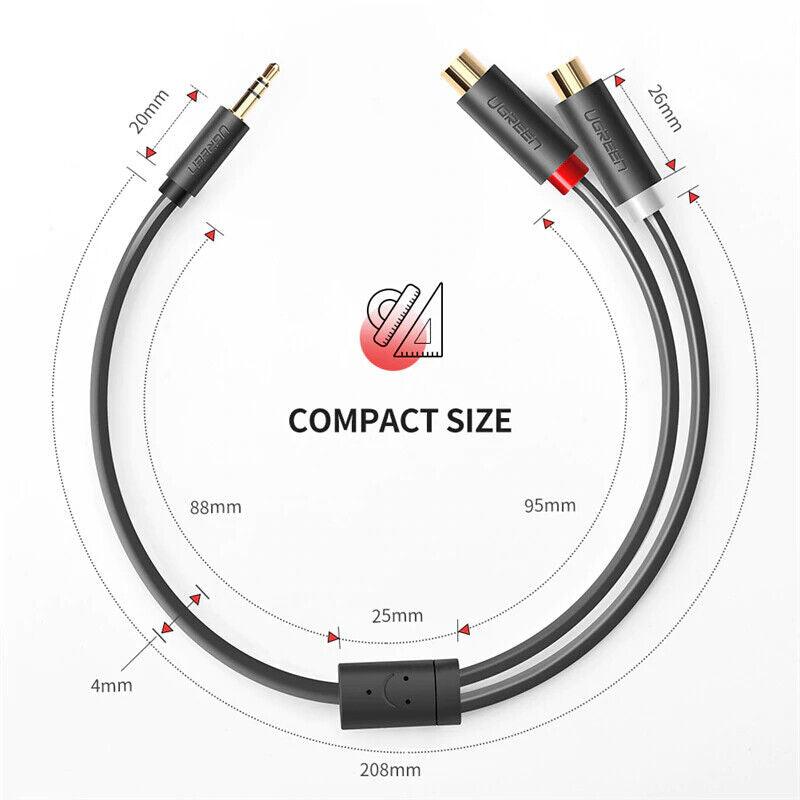 UGREEN RCA Cable 2RCA Female to 3.5mm Male Adapter Phono Stereo Audio Cable - 20cm