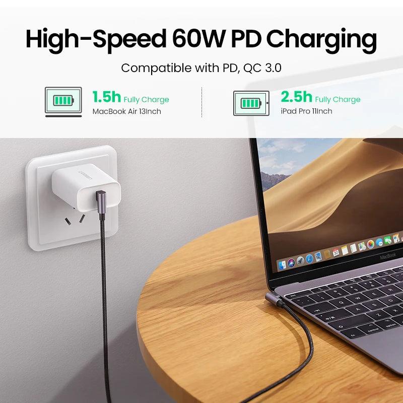 UGREEN Right Angle USB-C to USB-C Fast Charger Cable 60W PD 3A Charging