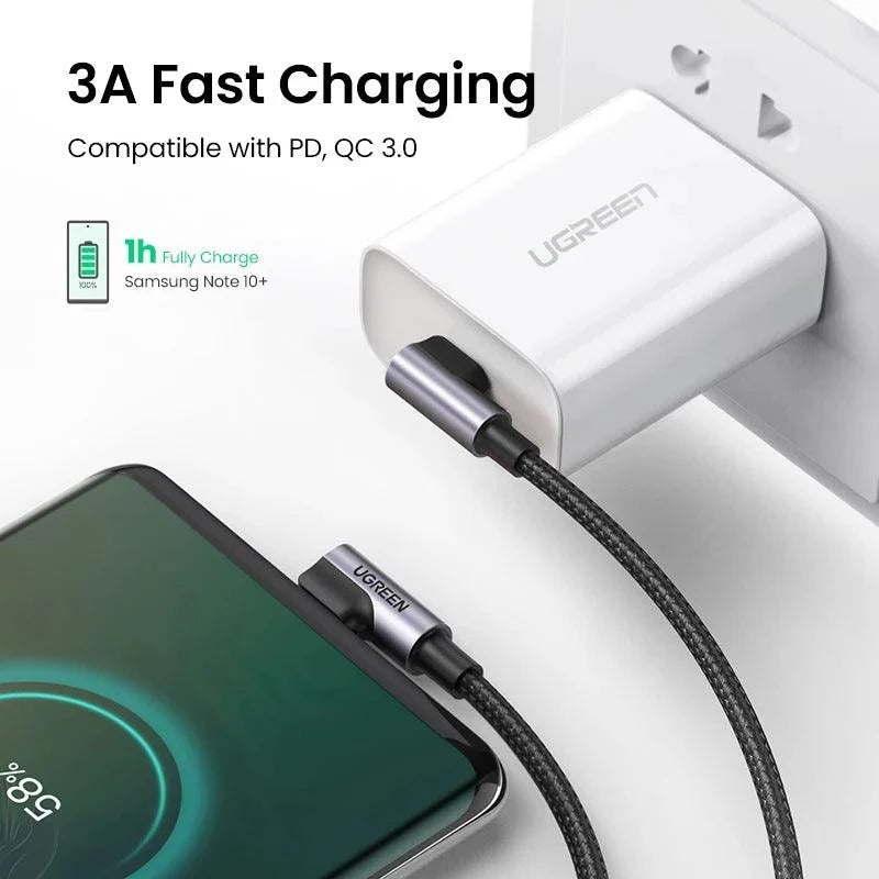 UGREEN Right Angle USB-C to USB-C Fast Charger Cable 60W PD 3A Charging