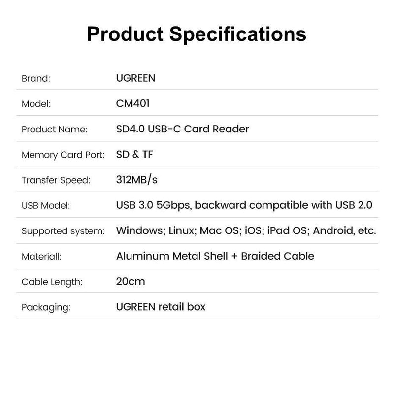 UGREEN SD Card Reader SD4.0 TF USB C Memory Card Adapter 312MB/s