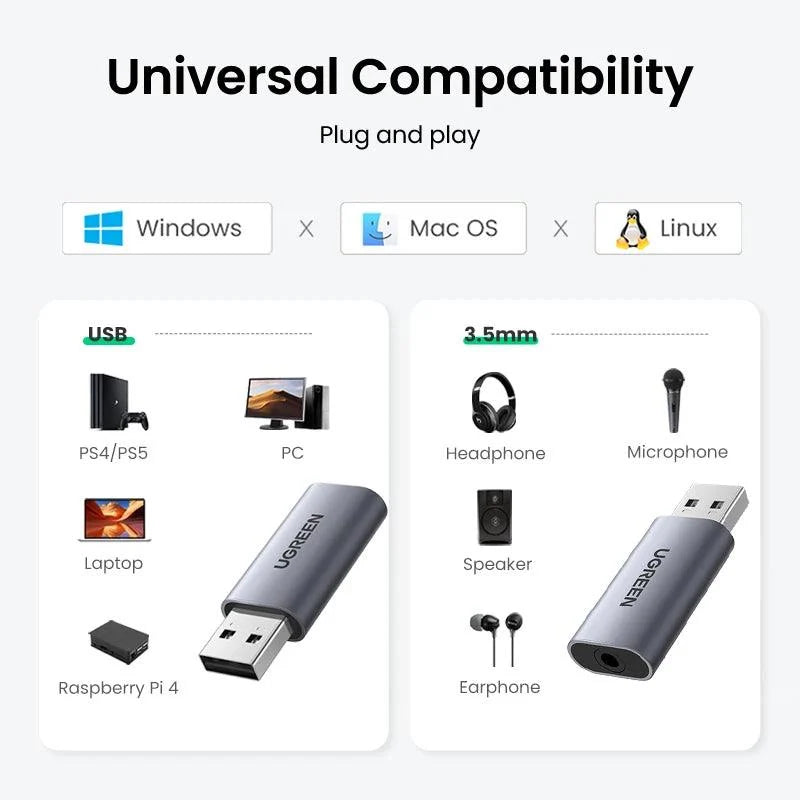 UGREEN Sound Card Audio Adapter USB to 3.5mm Aux External Converter