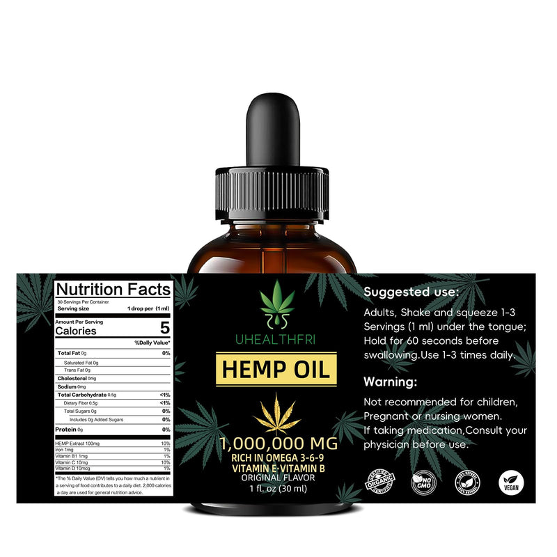Uhealthfri Hemp Oil - Pure Organic Hemp Seed Oil Drops (Non-GMO, Vegan) Omega 3, 6, 9 - 4 Pack