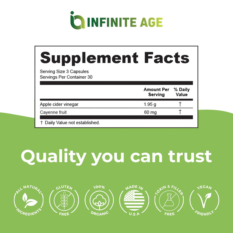 Infinite Age 1950mg Apple Cider Vinegar Capsules – 90 Count | Made in USA | Vegan, Gluten Free, All-Natural | 60mg Cayenne