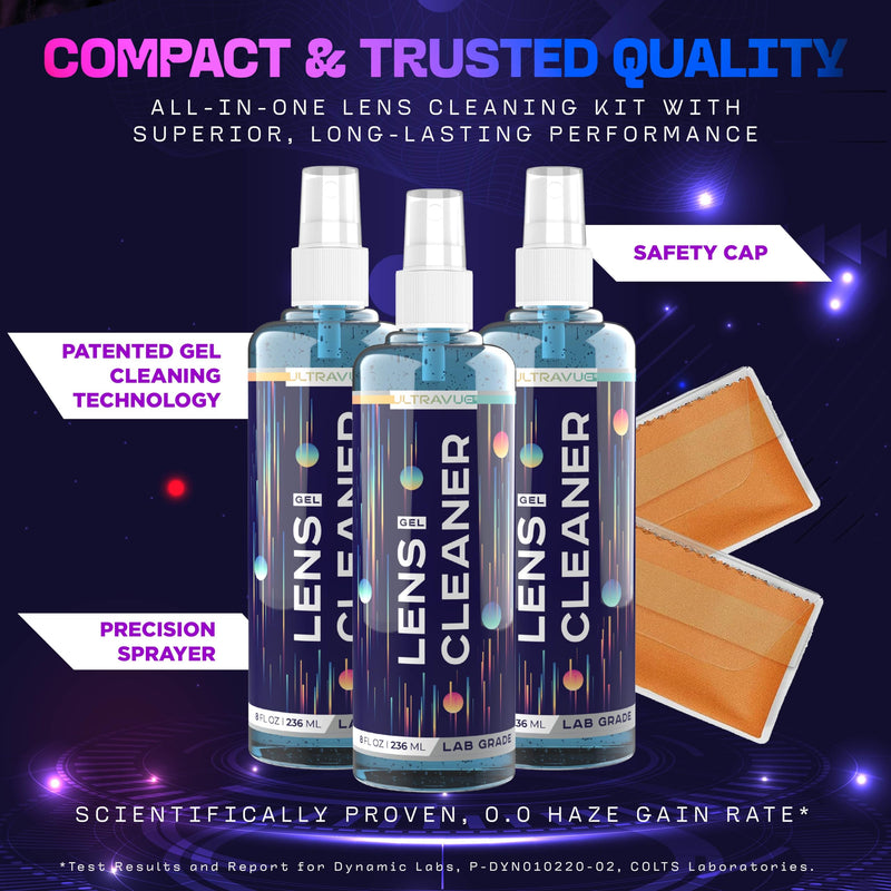 ULTRAVUE Eyeglass Gel Lens Cleaner Spray Kit – 3 x 1oz Gel, 2 Microfiber Cloths, Safe for All Lenses (AR Coated)